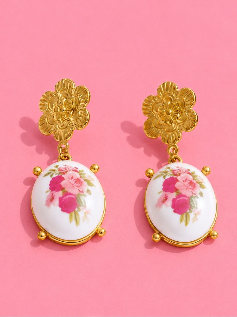 Vintage Pink Rose Porcelain Gold Floral Earrings